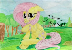 Size: 2196x1534 | Tagged: safe, artist:bropony2010, fluttershy, pegasus, pony, solo, stage fright, traditional art, underhoof