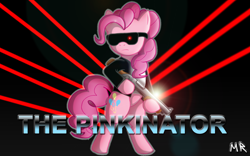 Size: 1600x998 | Tagged: safe, artist:shadowninja976, pinkie pie, earth pony, pony, clothes, gun, jacket, parody, solo, sunglasses, terminator