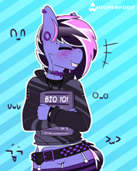 Size: 1280x1597 | Tagged: safe, artist:whisperfoot, derpibooru import, oc, oc only, oc:berry frost, anthro, bat, armband, belt, biology, black hair, blushing, book, bottomless, braces, bridge piercing, butt freckles, cheek fluff, choker, clothes, dyed hair, dyed mane, dyed tail, ear fluff, ear freckles, ear piercing, earring, eyebrow piercing, eyeliner, eyes closed, eyeshadow, featureless crotch, femboy, fingernails, freckles, garter belt, gauges, goth, gothic, grin, hand, hoodie, jewelry, lip piercing, lipstick, makeup, male, nail polish, nails, necklace, nwn, owo, partial nudity, piercing, pink hair, simple background, skull, smiling, socks, solo, striped background, striped socks, studded belt, textbook, thigh highs, uwu, younger