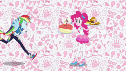 Size: 800x450 | Tagged: safe, derpibooru import, screencap, pinkie pie, rainbow dash, better together, equestria girls, animated, cake, clothes, converse, cookie, duo, food, intro, pantyhose, ponied up, shoes, wings