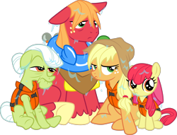 Size: 3048x2326 | Tagged: safe, artist:tourniquetmuffin, apple bloom, applejack, big macintosh, granny smith, earth pony, pony, pinkie apple pie, apple family, floaty, grumpy, lifejacket, male, simple background, stallion, transparent background, vector, wet, wet mane