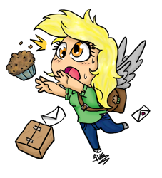 Size: 682x750 | Tagged: safe, artist:violetfeatheroficial, derpy hooves, human, chibi, clothes, cute, food, humanized, letter, muffin, simple background, solo, transparent background, winged humanization