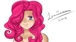 Size: 1920x1080 | Tagged: safe, artist:luliel12, pinkie pie, human, bust, female, looking at you, pink hair, signature, simple background, smiling, solo, white background