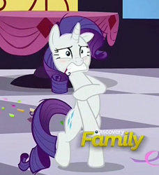 Size: 443x485 | Tagged: safe, screencap, rarity, pony, unicorn, make new friends but keep discord, assisted exposure, clothing theft, covering, discovery family logo, embarrassed, naked rarity, we don't normally wear clothes