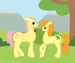 Size: 4050x3442 | Tagged: safe, artist:avatarraptor, butterscotch, carrot top, fluttershy, golden harvest, earth pony, pegasus, pony, blushing, female, floppy ears, flower, flower in mouth, fluttertop, half r63 shipping, looking at each other, male, mare, mouth hold, rule 63, shipping, stallion, straight