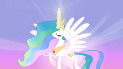 Size: 1366x768 | Tagged: safe, screencap, princess celestia, alicorn, pony, lesson zero, ethereal mane, eyes closed, female, light, magic, magic aura, mare, raised hoof, solo, spread wings, wings