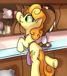 Size: 1000x1120 | Tagged: safe, artist:klemm, carrot top, derpy hooves, golden harvest, pegasus, pony, apron, clothes, female, food, kitchen, mare, muffin, newbie artist training grounds, stealing
