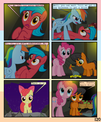 Size: 900x1080 | Tagged: safe, artist:lister-of-smeg, derpibooru import, apple bloom, pinkie pie, rainbow dash, oc, oc:crosspatch, oc:lazybug, earth pony, pegasus, pony, comic:zap-o-lantern, apple, bottle, colt, comic, female, food, male, mare