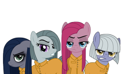 Size: 2518x1521 | Tagged: safe, artist:reitanna-seishin, limestone pie, marble pie, pinkie pie, oc, oc:minkie pie, earth pony, pony, clothes, glare, looking at you, pinkamena diane pie, prison, prison outfit, simple background, transparent background, vector