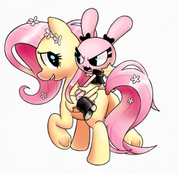 Size: 991x964 | Tagged: safe, artist:gaturo, fluttershy, pegasus, pony, rabbit, flower in hair, gray background, pixiv, simple background