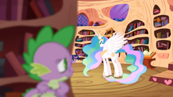 Size: 1366x768 | Tagged: safe, screencap, princess celestia, spike, twilight sparkle, alicorn, dragon, pony, lesson zero, book, bookshelf, ethereal mane, eyes on the prize, female, golden oaks library, library, male, mare, out of focus, spread wings, wings