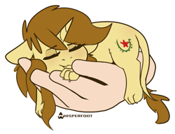 Size: 947x726 | Tagged: safe, artist:whisperfoot, derpibooru import, oc, oc only, oc:katya ironstead, pony, sphinx, unicorn, chibi, cute, disembodied hand, eyes closed, female, hand, holding a pony, horn, in goliath's palm, long hair, long mane, ocbetes, paws, sharp teeth, sleeping, smiling, solo, species swap, sphinx oc, sphinxdorable, sphinxified, teeth, tiny, tiny ponies