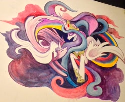 Size: 2469x2026 | Tagged: safe, artist:snow, princess celestia, alicorn, pony, female, horn, mare, multicolored mane, solo, traditional art, white coat