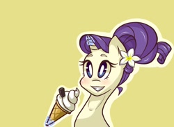 Size: 800x584 | Tagged: safe, artist:von-seay, rarity, pony, unicorn, alternate hairstyle, blushing, cute, flower, flower in hair, ice cream, magic, raribetes, simple background, smiling, solo, telekinesis, yellow background