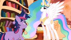 Size: 1366x768 | Tagged: safe, screencap, princess celestia, twilight sparkle, unicorn twilight, alicorn, pony, unicorn, lesson zero, book, bookshelf, duo, ethereal mane, female, golden oaks library, mare, messy mane, spread wings, wings