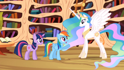 Size: 1366x768 | Tagged: safe, screencap, princess celestia, rainbow dash, twilight sparkle, unicorn twilight, alicorn, pegasus, pony, unicorn, lesson zero, book, bookshelf, ethereal mane, female, golden oaks library, library, mare, spread wings, trio, wings