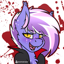 Size: 1280x1280 | Tagged: safe, artist:whisperfoot, derpibooru import, oc, oc:berry frost, bat pony, pony, vampire, vampony, bat ponified, blood, blushing, chest fluff, chest freckles, cloak, clothes, cute, ear fluff, ear freckles, fangs, freckles, looking at you, male, multicolored hair, open mouth, race swap, simple background, slit eyes, smiling, solo, teeth