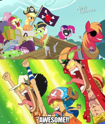 Size: 900x1054 | Tagged: safe, screencap, apple bloom, applejack, big macintosh, granny smith, pinkie pie, earth pony, pony, pinkie apple pie, apple family, apples to the core, awesome, male, meme, monkey d luffy, one piece, pirate, reaction, stallion, tony tony chopper, usopp