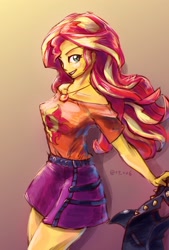 Size: 1377x2039 | Tagged: safe, artist:oberon826, sunset shimmer, human, better together, equestria girls, clothes, female, jacket, jewelry, leather jacket, looking at you, necklace, shirt, skirt, smiling, smirk, windswept mane