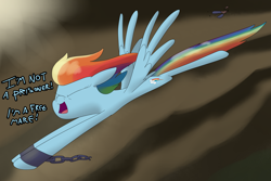 Size: 3000x2000 | Tagged: safe, artist:moonatik, derpibooru import, rainbow dash, pegasus, pony, my little pony: the movie, atg 2018, bad end, chains, escape, flying, good end, iron maiden, newbie artist training grounds, sky, solo, song reference, the prisoner