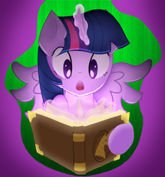 Size: 2940x3161 | Tagged: safe, artist:futaku, derpibooru import, twilight sparkle, twilight sparkle (alicorn), alicorn, pony, book, female, magic, mare, simple background, solo