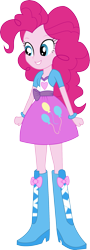 Size: 923x2560 | Tagged: safe, artist:illumnious, pinkie pie, equestria girls, .ai available, balloon, boots, bracelet, clothes, fist, high heel boots, jewelry, simple background, skirt, smiling, solo, transparent background, vector