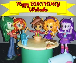 Size: 2068x1712 | Tagged: safe, artist:artking3000, adagio dazzle, sunset shimmer, twilight sparkle, wallflower blush, oc, oc:cupcake slash, equestria girls, birthday, clothes, custom, doll, equestria girls minis, food, irl, muffin, party, photo, table, toy, wubcake