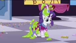 Size: 720x405 | Tagged: safe, screencap, discord, fine line, maxie, perfect pace, rarity, pony, unicorn, make new friends but keep discord, animated, assisted exposure, bipedal, blushing, clothes, clothing theft, covering, dress, embarrassed, faic, frown, grand galloping gala, gritted teeth, humiliation, magic abuse, naked rarity, ooze, out of context, slime, vacuum cleaner, we don't normally wear clothes, wide eyes