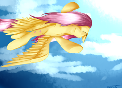 Size: 1800x1300 | Tagged: safe, artist:baldmoose, fluttershy, pegasus, pony, flying, happy, sky, solo