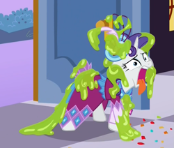 Size: 1007x853 | Tagged: safe, screencap, rarity, goo, pony, unicorn, make new friends but keep discord, clothes, dress, faic, slime, solo, tongue out