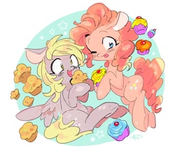 Size: 818x694 | Tagged: safe, artist:29axa, derpy hooves, pinkie pie, earth pony, pegasus, pony, :p, cupcake, cute, derpabetes, diapinkes, female, food, hoof hold, mare, muffin, open mouth, simple background, smiling, spread wings, tongue out, white background, wide eyes, wings