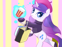 Size: 400x307 | Tagged: safe, artist:pan, rarity, pony, unicorn, beatnik rarity, beret, clothes, coffee, hat, shopping bags, solo, sweater
