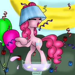 Size: 640x640 | Tagged: dead source, safe, artist:fireheartrubie, pinkie pie, earth pony, pony, ponyville confidential, balloon, confetti, dancing, hat, lampshade, lampshade hat, party, punch (drink), punch bowl, scene interpretation, solo, streamers