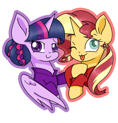 Size: 1153x1200 | Tagged: safe, artist:chautung, sunset shimmer, twilight sparkle, twilight sparkle (alicorn), alicorn, alternate costumes, alternate hairstyle, cute, female, lesbian, looking at you, one eye closed, shimmerbetes, shipping, simple background, smiling, sunsetsparkle, tongue out, transparent background, twiabetes, wink