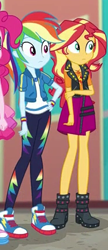 Size: 187x431 | Tagged: safe, derpibooru import, screencap, rainbow dash, sunset shimmer, better together, equestria girls, rollercoaster of friendship, boots, clothes, converse, cropped, female, geode of empathy, geode of super speed, high heel boots, jacket, magical geodes, pants, shoes, skirt, sneakers