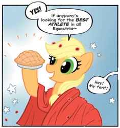 Size: 485x517 | Tagged: safe, idw, applejack, earth pony, pony, apple pie, cape, clothes, speech bubble, stars