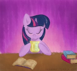 Size: 1000x923 | Tagged: safe, artist:erysz, derpibooru import, twilight sparkle, book, drink, reading, relaxing, solo, tea