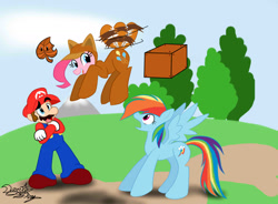 Size: 1733x1275 | Tagged: safe, artist:danteshy, derpibooru import, pinkie pie, rainbow dash, human, backwards cutie mark, crossed arms, crossover, flying, mario, nintendo, power-up, shocked, super leaf, super mario bros., surprised, tail wag, tanooki pie, tanooki suit