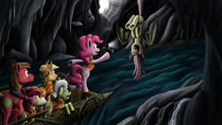 Size: 3840x2160 | Tagged: safe, artist:klystron2010, apple bloom, applejack, big macintosh, fluttershy, granny smith, pinkie pie, bat pony, pony, camera, cave, flutterbat, race swap, raft, river, scariest cave in equestria, wallpaper