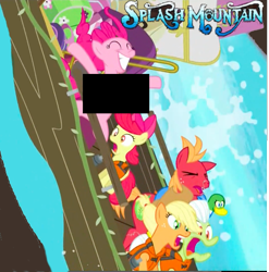 Size: 679x688 | Tagged: safe, apple bloom, applejack, big macintosh, granny smith, pinkie pie, duck, earth pony, mallard, pony, pinkie apple pie, disneyland, female, flash mountain, flashing, grin, male, mare, screaming, smiling, splash mountain, stallion, unnecessary censorship