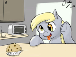 Size: 2000x1500 | Tagged: safe, artist:osakaoji, derpy hooves, pegasus, pony, female, food, kitchen, mare, muffin, solo, tongue out