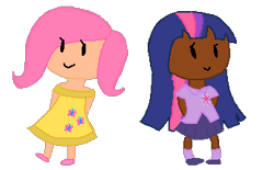 Size: 345x214 | Tagged: safe, artist:ilovehersheyssomuch, derpibooru import, fluttershy, twilight sparkle, human, chibi, humanized