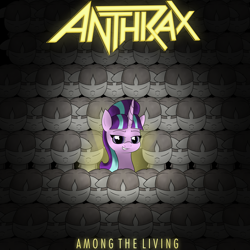 Size: 3000x3000 | Tagged: safe, artist:moonatik, starlight glimmer, pony, unicorn, album cover, among the living, anthrax, band logo, evil, looking at you, metal, ponified, ponified album cover, s5 starlight, song reference, stalin glimmer, text