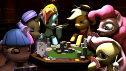 Size: 1920x1080 | Tagged: safe, alternate version, artist:yutogashi, derpibooru import, angel bunny, applejack, fluttershy, pinkie pie, rainbow dash, rarity, twilight sparkle, earth pony, pegasus, pony, unicorn, 3d, carrot, crowd, gambling, magic, mane six, playing card, poker, poker chips, poker table, shadow, source filmmaker