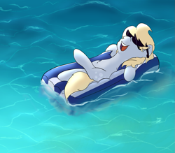 Size: 1141x1000 | Tagged: safe, artist:klemm, derpy hooves, pegasus, pony, deal with it, drifting, female, inflatable, mare, newbie artist training grounds, relaxing, solo, sunglasses