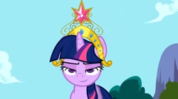 Size: 1280x719 | Tagged: safe, derpibooru import, screencap, twilight sparkle, keep calm and flutter on, big crown thingy, crown, element of magic, lidded eyes, out of context, solo