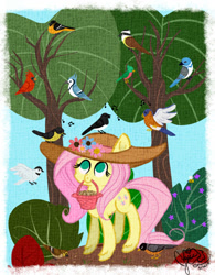 Size: 750x961 | Tagged: safe, artist:jigglybelle, fluttershy, bird, pegasus, pony, animal, feeding, hat, mouth hold, solo, tree, working