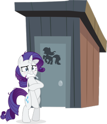 Size: 582x675 | Tagged: safe, artist:jonas9610, artist:yanoda, edit, rarity, pony, unicorn, make new friends but keep discord, the last roundup, bipedal, blushing, covering, desperation, embarrassed, implied nudity, naked rarity, need to pee, omorashi, outhouse, potty, potty dance, potty emergency, potty time, solo, toilet, trotting in place, we don't normally wear clothes