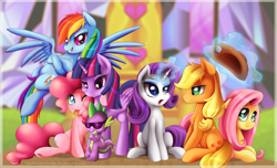 Size: 6672x4054 | Tagged: safe, artist:thenornonthego, derpibooru import, applejack, fluttershy, pinkie pie, rainbow dash, rarity, spike, twilight sparkle, twilight sparkle (alicorn), alicorn, dragon, earth pony, pegasus, pony, unicorn, absurd resolution, female, magic, mane seven, mane six, mare, sunglasses, twilight's castle, wallpaper