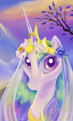 Size: 3000x5000 | Tagged: safe, artist:frostenstein, princess celestia, alicorn, pony, ear fluff, floral head wreath, horn ring, looking at you, ring, smiling, solo, uncanny valley, veil